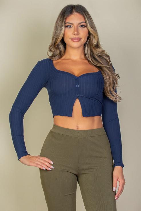 Ribbed Button Front Split Long Sleeve Top - Capella Apparel