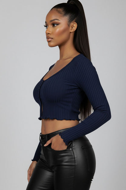 Ribbed Button Front Split Long Sleeve Top
