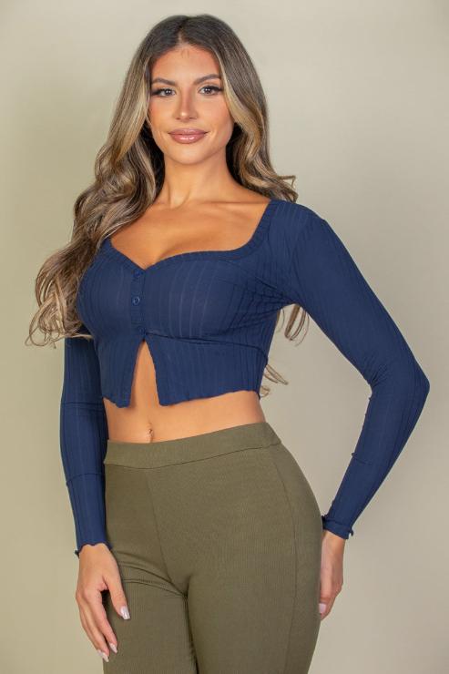 Ribbed Button Front Split Long Sleeve Top - Capella Apparel