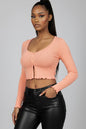Ribbed Button Front Split Long Sleeve Top
