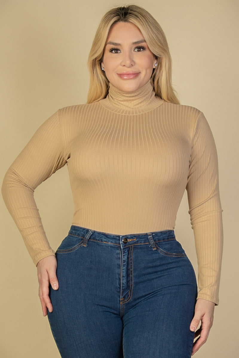 Plus Ribbed Turtle Neck Long Sleeve Bodysuit - Capella Apparel