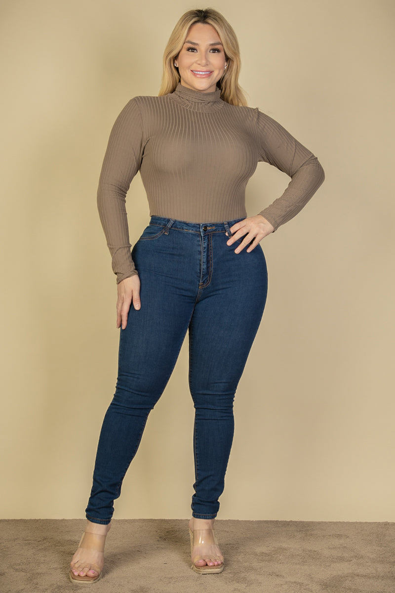 Plus Ribbed Turtle Neck Long Sleeve Bodysuit - Capella Apparel