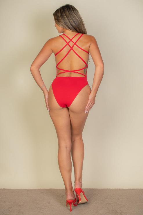 Sexy Spaghetti Strap Crisscross Back Solid Color Bodysuit - Capella Apparel