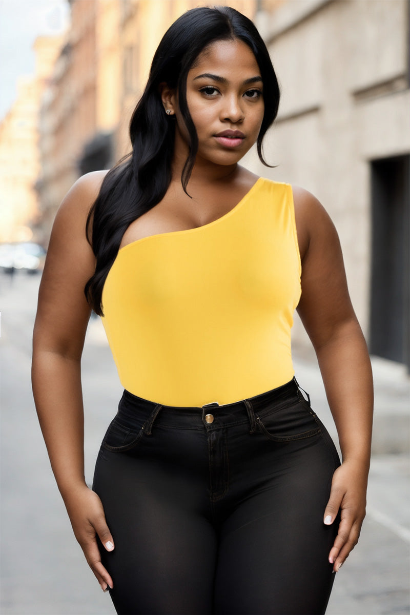 Plus Size One Shoulder Solid Casual Bodysuit - Capella Apparel Wholesale