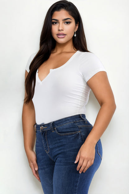 Plus Size Casual Split Neck Solid Short Sleeve Bodysuit