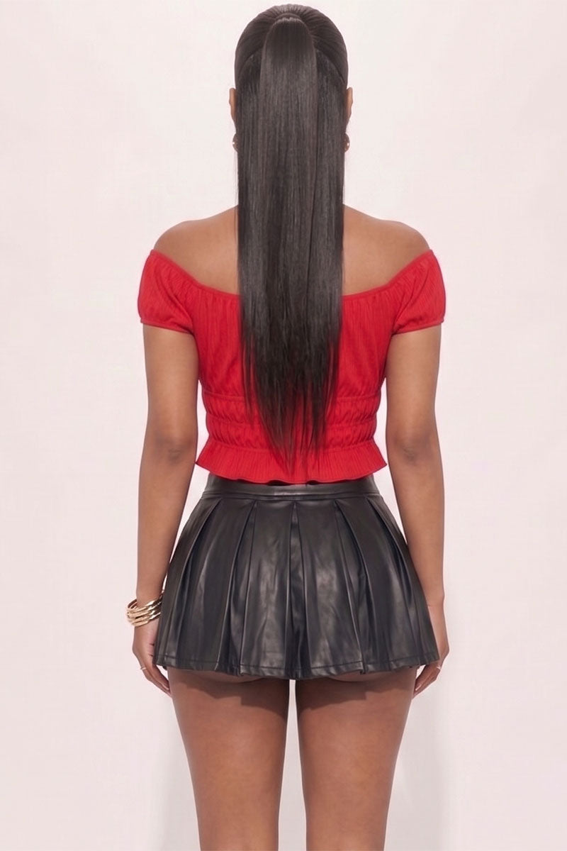 Top liso de punto acanalado con mangas abullonadas fruncidas informales