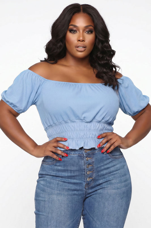 Plus Size Casual Ruched Puff Sleeve Ribbed Knit Solid Top