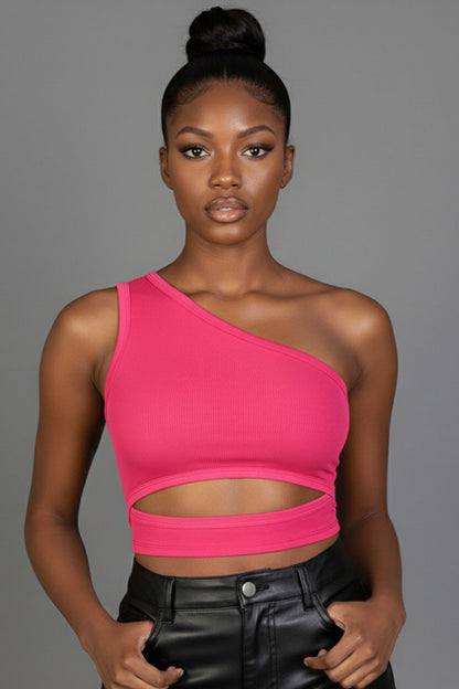 Ribbed Knit Cut Out One Shoulder Crop Top