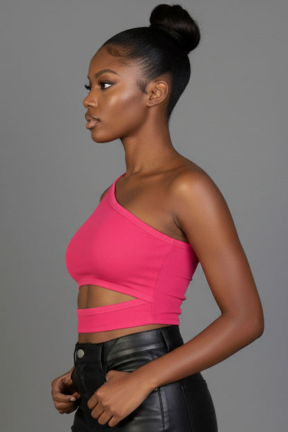 Ribbed Knit Cut Out One Shoulder Crop Top