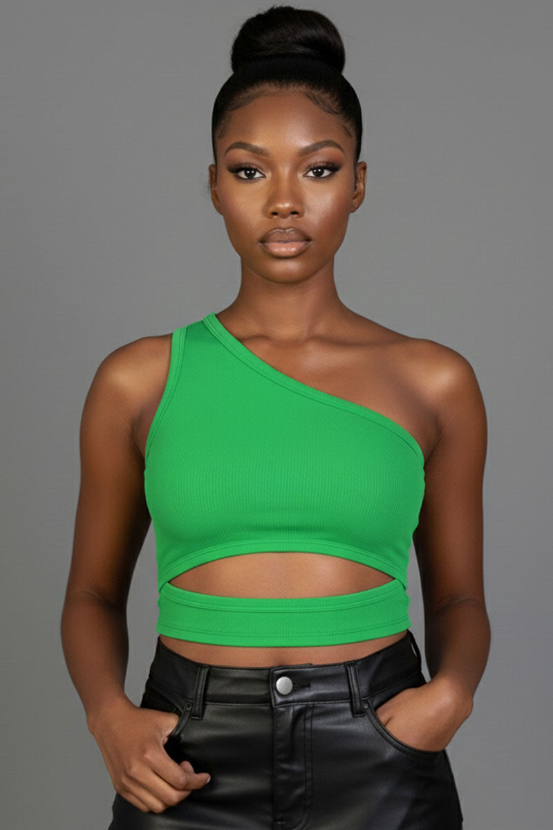 Ribbed Knit Cut Out One Shoulder Crop Top