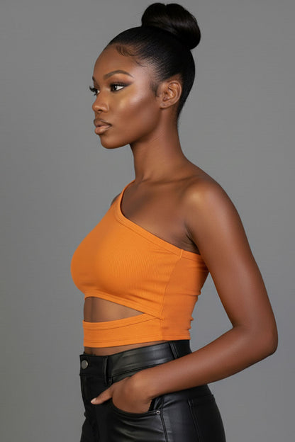 Ribbed Knit Cut Out One Shoulder Crop Top