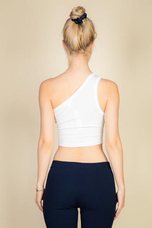 Ribbed Knit Cut Out One Shoulder Crop Top