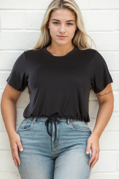 Plus Size Tie Front Drawstring Short Sleeve Crop Top - Capella Apparel