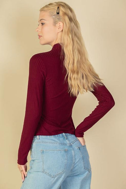 Ribbed Mock Neck Long Sleeve Top - Capella Apparel