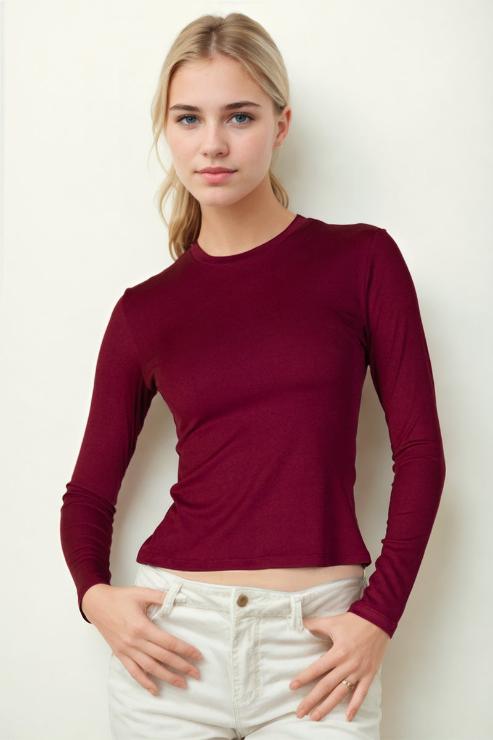 Ribbed Round Neck Long Sleeve Top - Capella Apparel