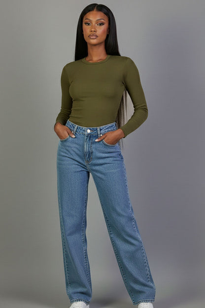 Ribbed Round Neck Long Sleeve Top