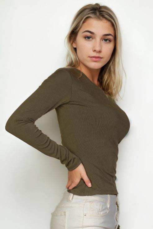 Ribbed Round Neck Long Sleeve Top - Capella Apparel