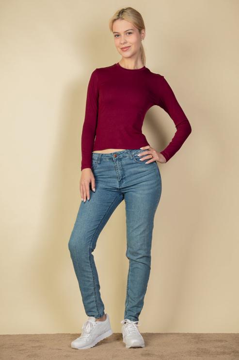 Ribbed Round Neck Long Sleeve Top - Capella Apparel