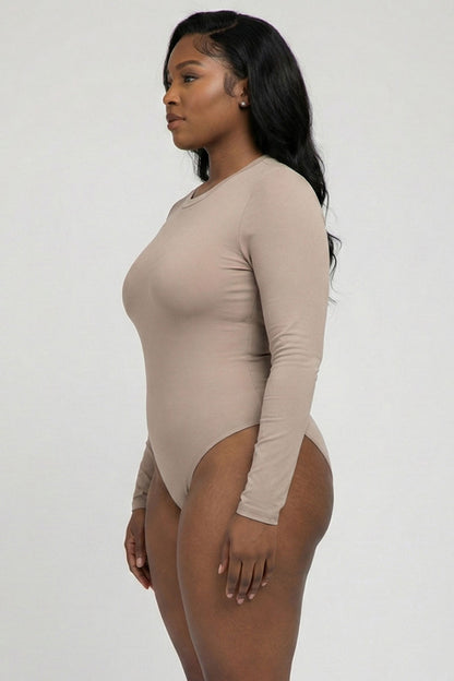 Plus Solid Long Sleeve Round Neck Bodysuit