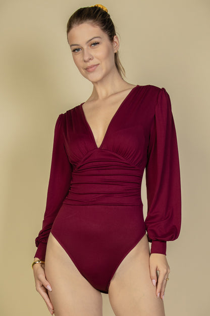 Plunge Neck Peasant Sleeve Bodysuit - Capella Apparel