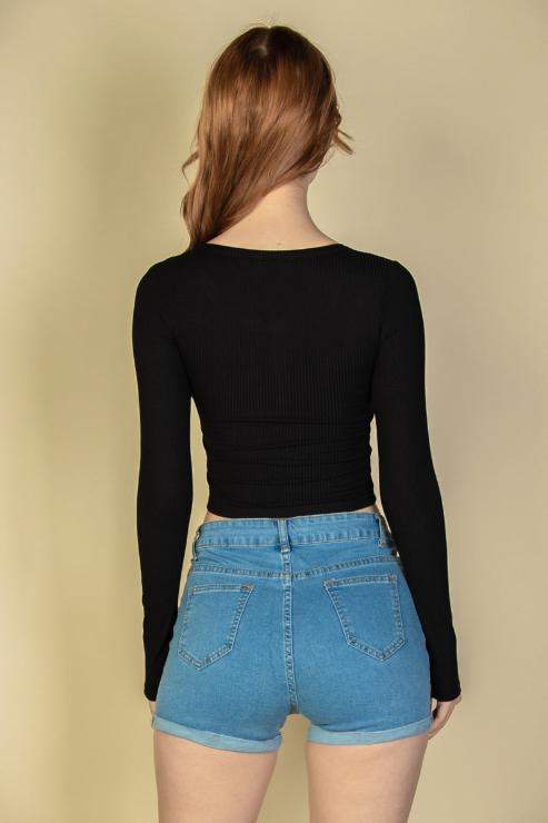 Ribbed Button Up Long Sleeve Crop Top - Capella Apparel