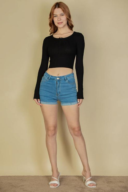 Ribbed Button Up Long Sleeve Crop Top - Capella Apparel