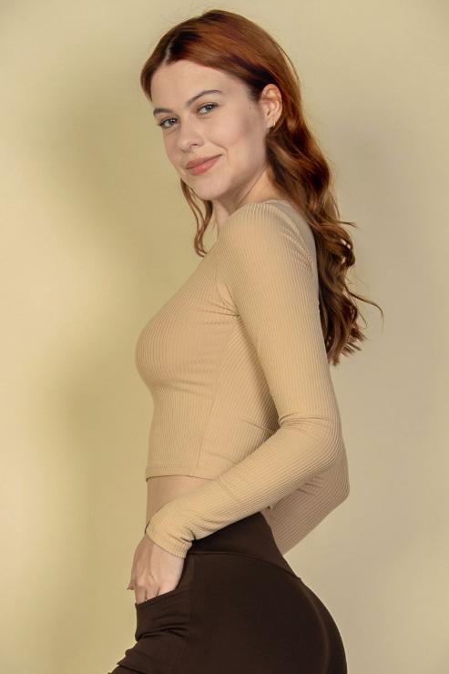 Ribbed Button Up Long Sleeve Crop Top - Capella Apparel