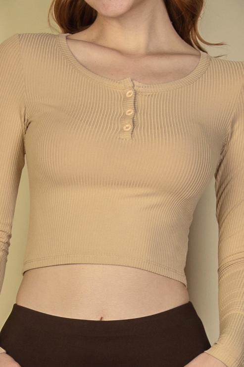 Ribbed Button Up Long Sleeve Crop Top - Capella Apparel