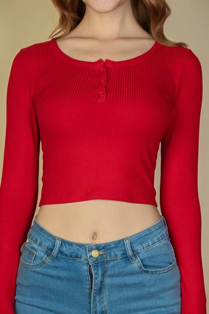 Ribbed Button Up Long Sleeve Crop Top - Capella Apparel