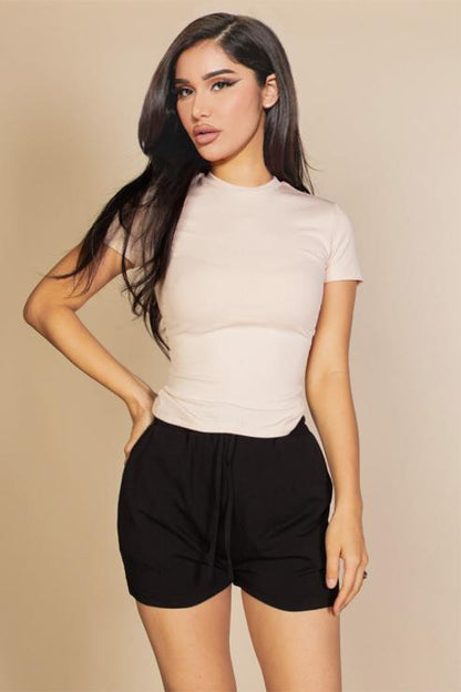 Ribbed Round Neck Short Sleeve Top