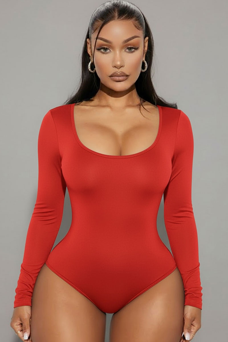 Scoop Neck Solid Long Sleeve Bodysuit