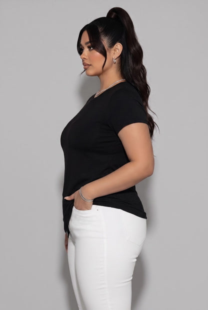 Fine-Gauge Knit Short Sleeve Crew Neck Fitted Tee
