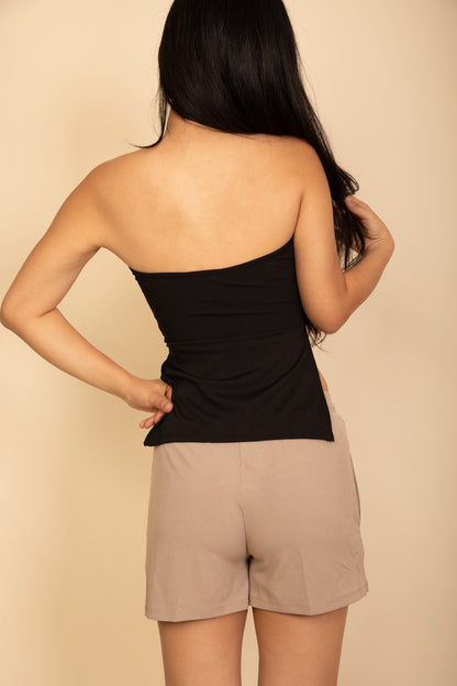 Strapless Ribbed Side-Slit Flare Top