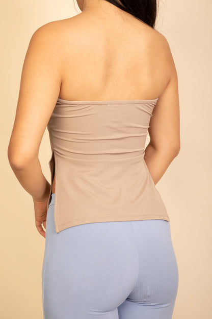 Strapless Ribbed Side-Slit Flare Top