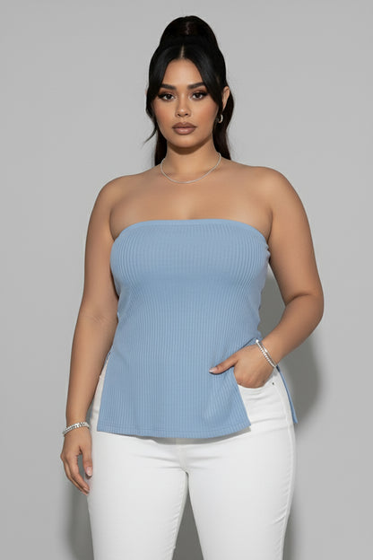 Plus Strapless Ribbed Side-Slit Flare Top