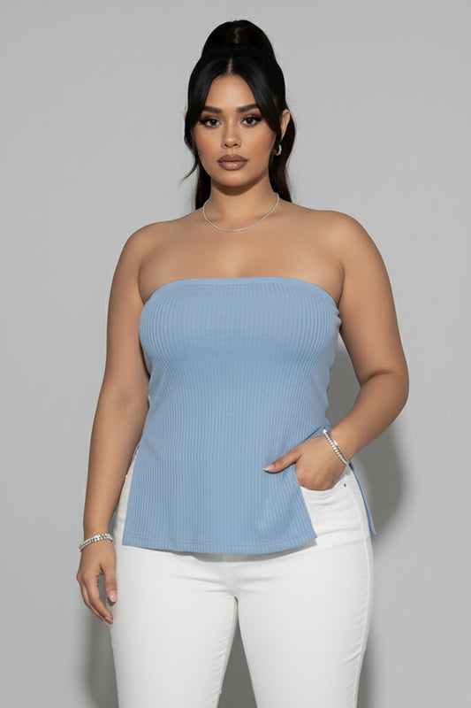 Plus Strapless Ribbed Side-Slit Flare Top