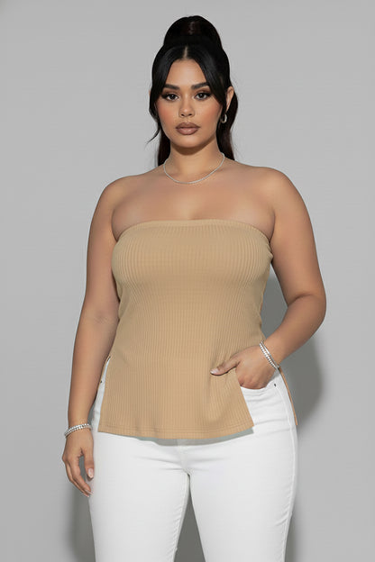Plus Strapless Ribbed Side-Slit Flare Top
