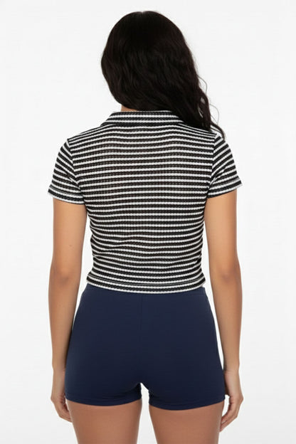 Women's Pineapple Knit Striped Polo Crop Top