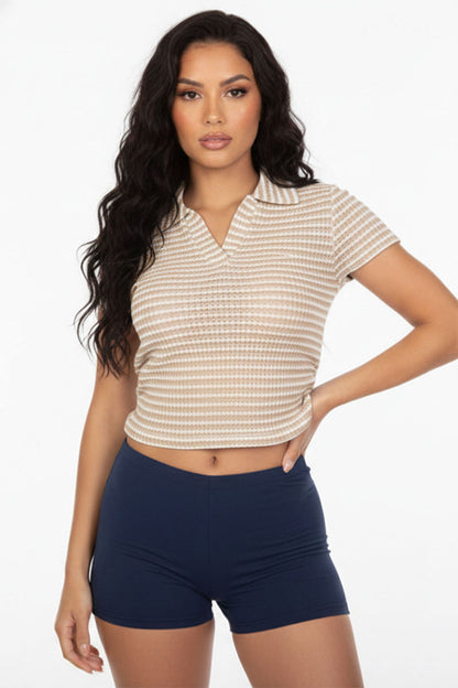 Women's Pineapple Knit Striped Polo Crop Top