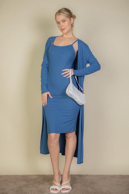 Ribbed Cardigan & Cami Midi Bodycon Dress - Capella Apparel