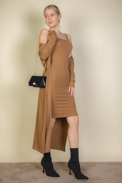 Ribbed Cardigan & Cami Midi Bodycon Dress - Capella Apparel