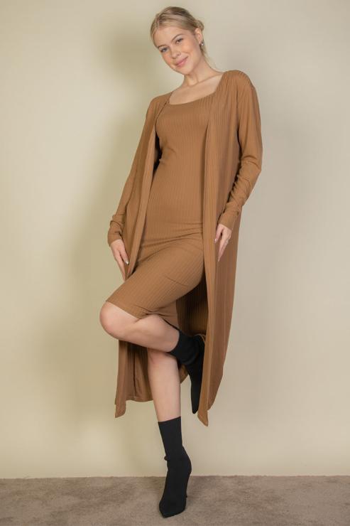 Ribbed Cardigan & Cami Midi Bodycon Dress - Capella Apparel