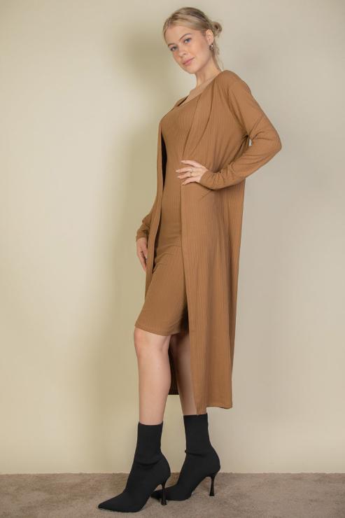 Ribbed Cardigan & Cami Midi Bodycon Dress - Capella Apparel