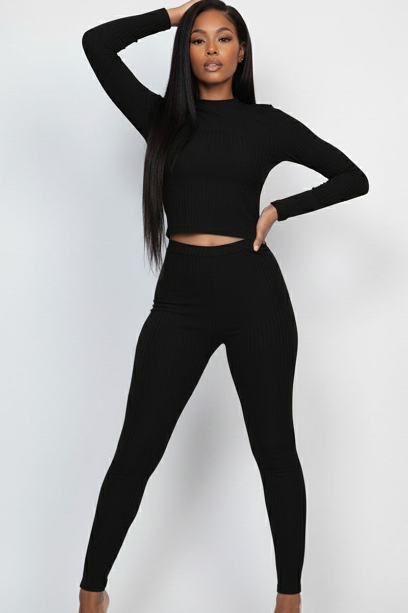 Ribbed Mock Neck Long Sleeve Top & Leggings Set