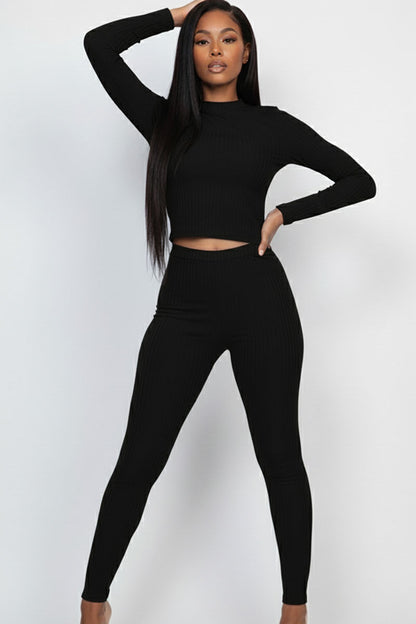 Ribbed Mock Neck Long Sleeve Top & Leggings Set