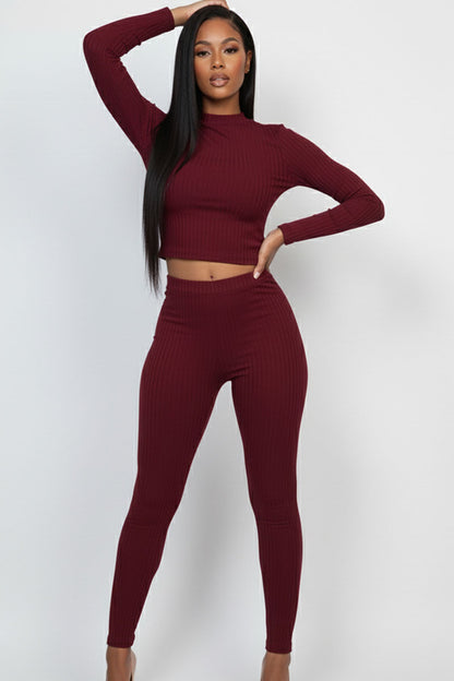 Ribbed Mock Neck Long Sleeve Top & Leggings Set