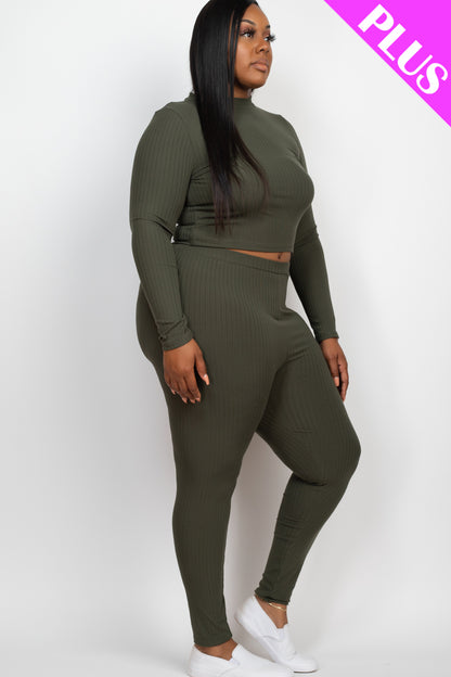 Plus Size Ribbed Mock Neck Long Sleeve Top & Leggings Set - Capella Apparel Wholesale