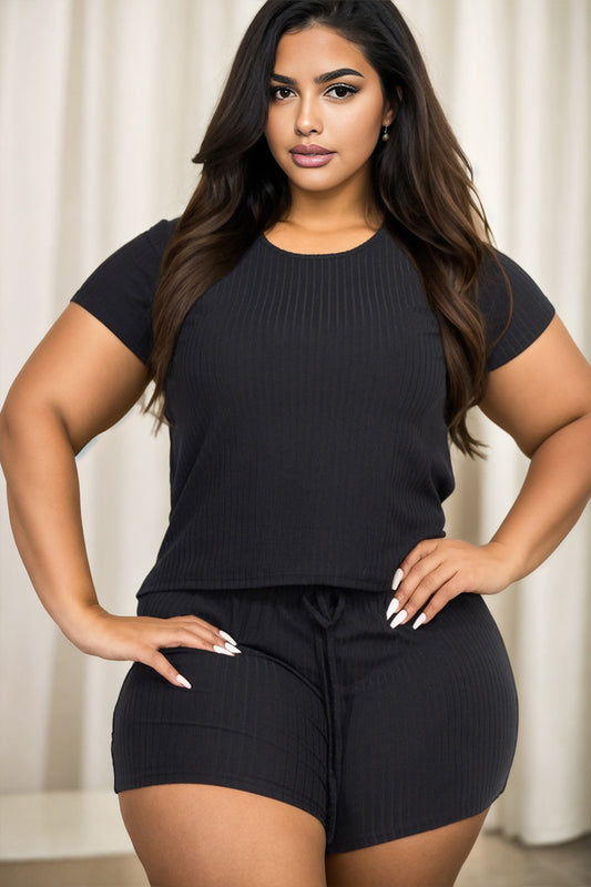 Plus Size Ribbed Short Sleeve Top&Shorts Set