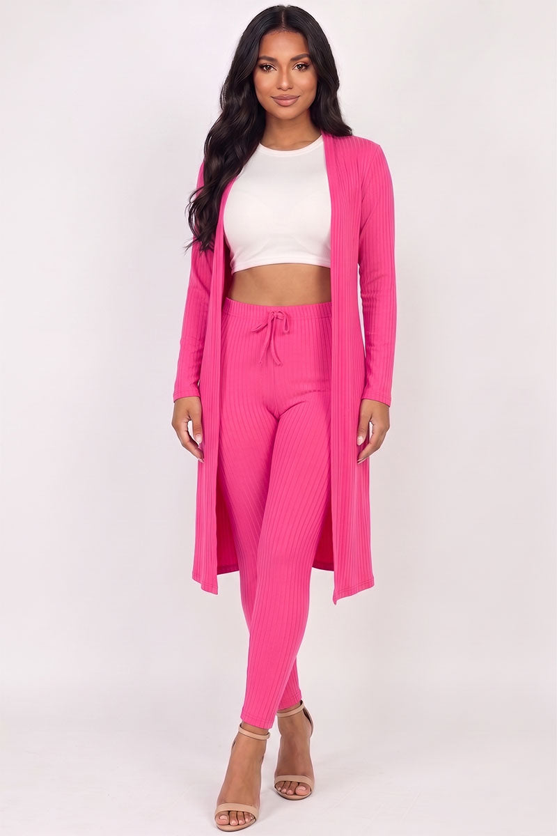 Conjunto de cárdigan largo de canalé y leggings