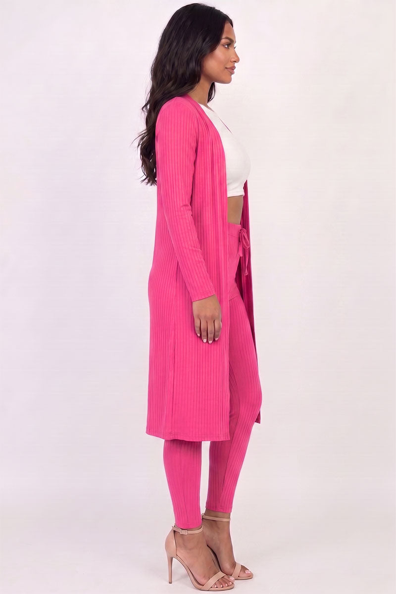 Conjunto de cárdigan largo de canalé y leggings